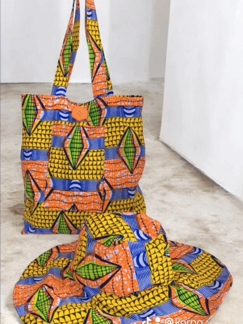 Colorful African Print Tote Bag & Wide-Brim Hat - Yellow, Orange, Blue, Green - Picture 2 of 3